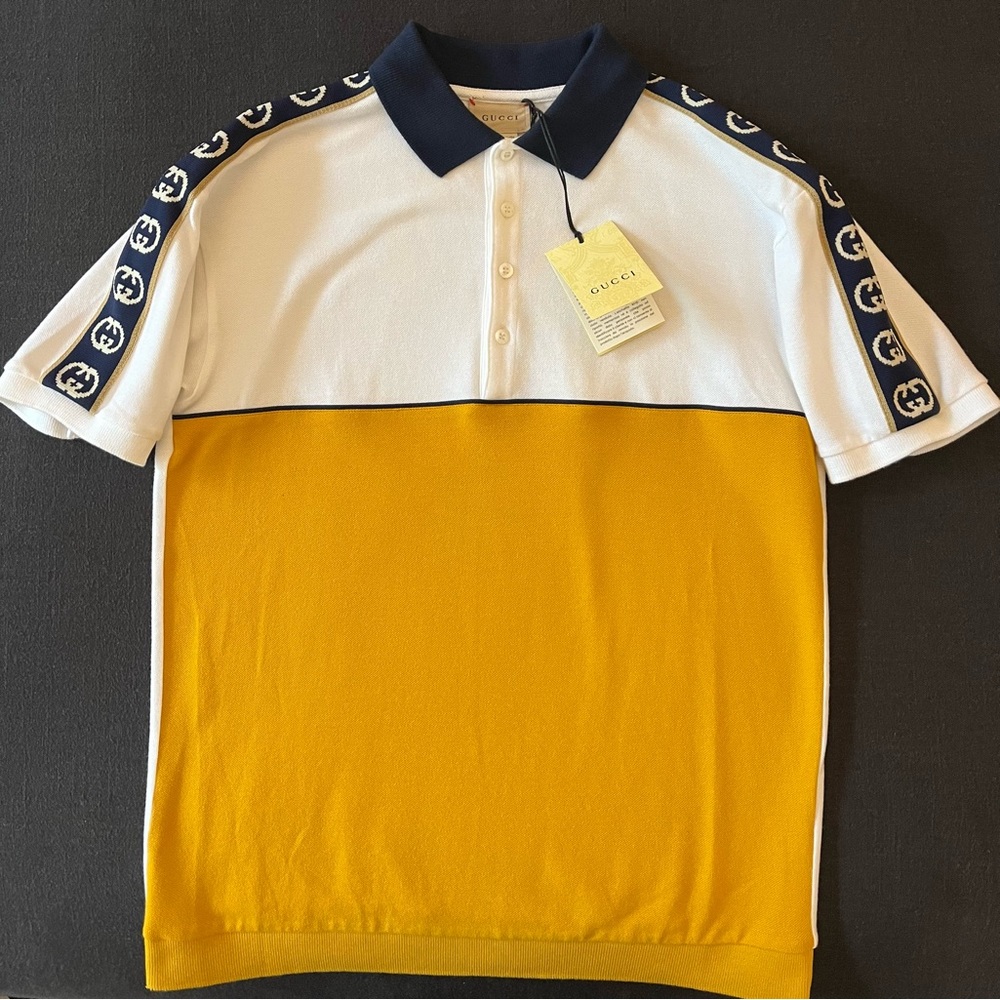 Authentic Gucci Kids Polo navy and yellow with GG detailing boys size 12